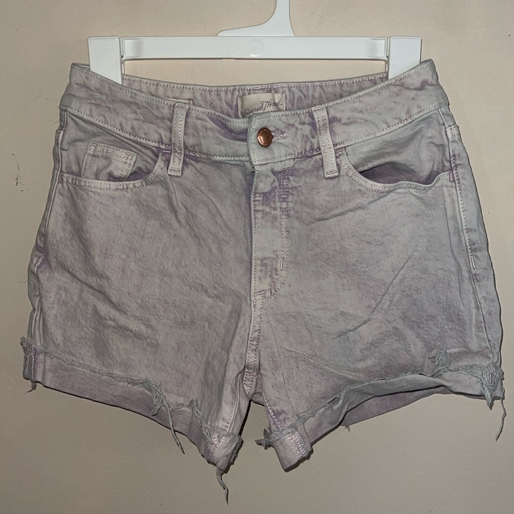 Purple and white wash denim shorts